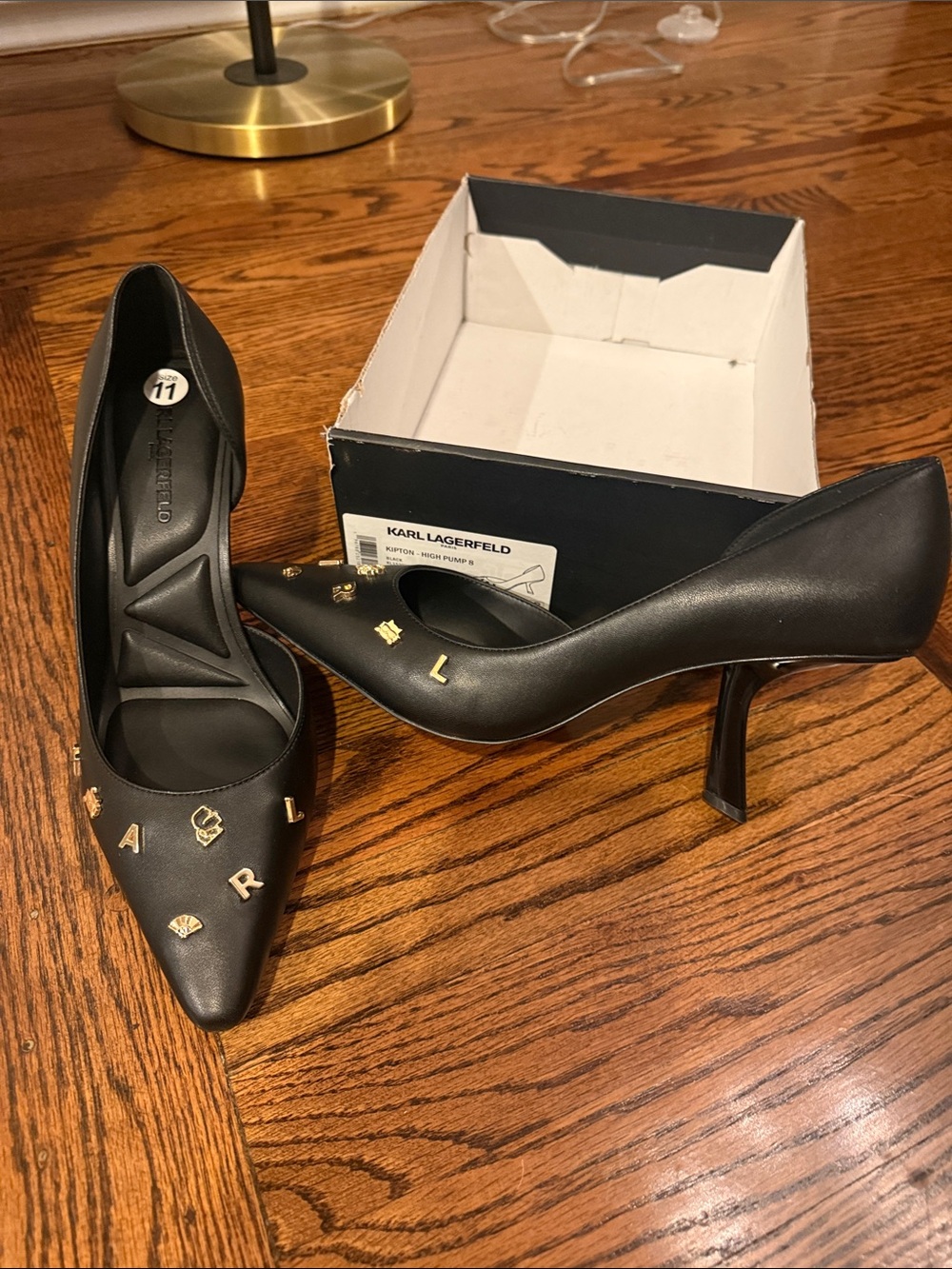 Karl Lagerfeld Black Pointed Toe Mid-Heel Pumps with Gold Accents size 11